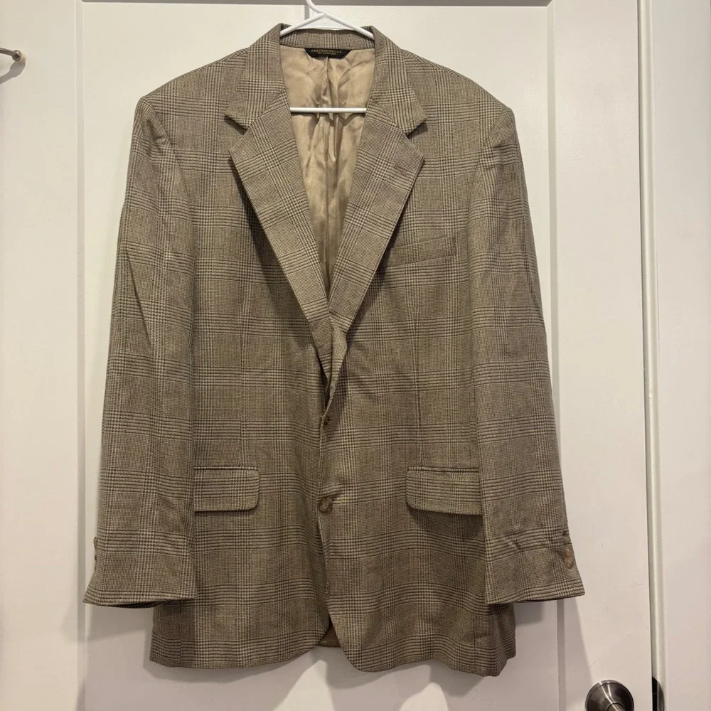 Woolrich Mens 42L Glen Plaid Blazer Brown Tan Wool Sport Coat Tailored in USA